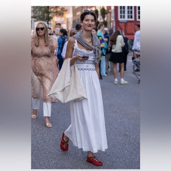 TACH Dresses & Skirts - TACH White hand embroidered Smocked Midi Dress with Floral Accents S linen